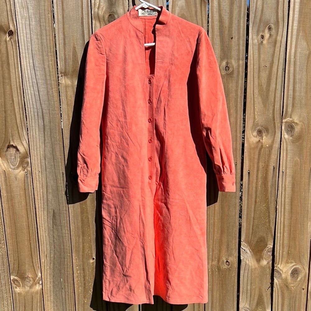 Vtg 70s Mollie Parnis Skinner Ultrasuede Coral Pin Up Button Front Shirt Dress